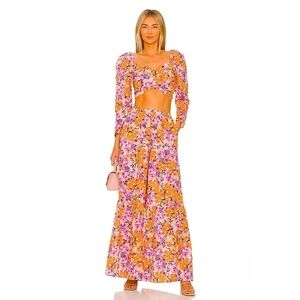 NWT SOMETHING NAVY Floral Puff Shoulder Top Orange Combo XS